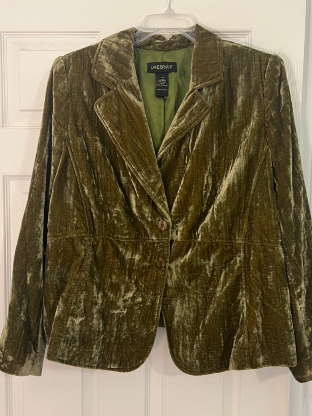 Lane Bryant Plus Size 20 Velvet Jacket Olive Green Blazer Button missing on Left